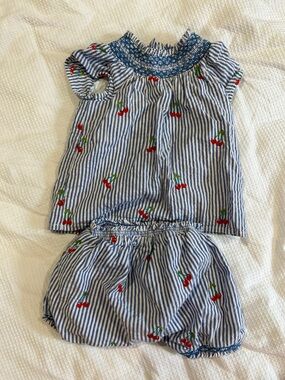 Baby Boden Blue & White Striped Cherry Smocked Matching Set